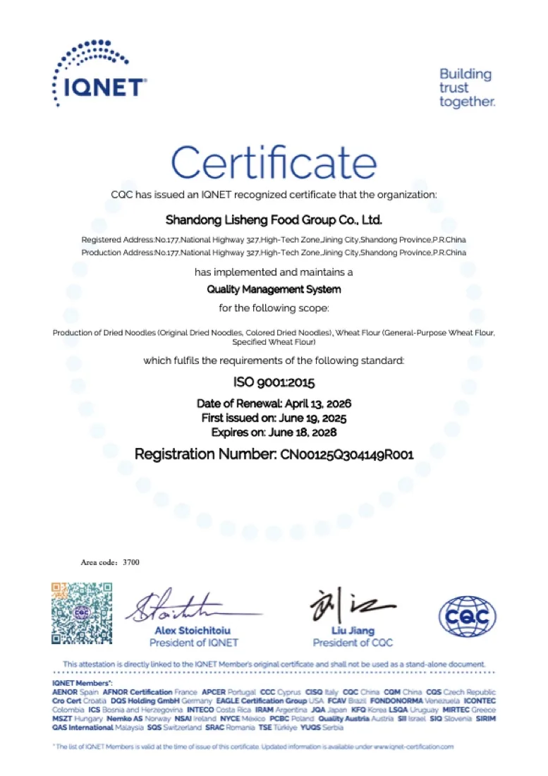 IQNET international certificate recognising Lisheng's ISO 9001 management system