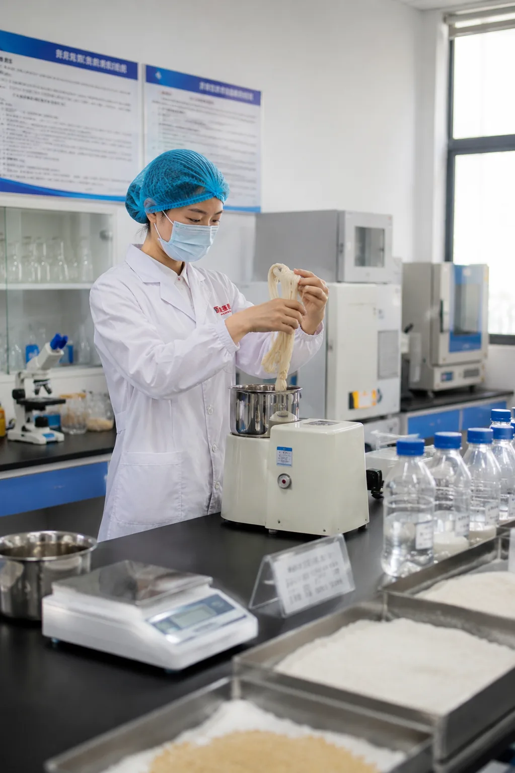 R&D specialist checking noodle product samples